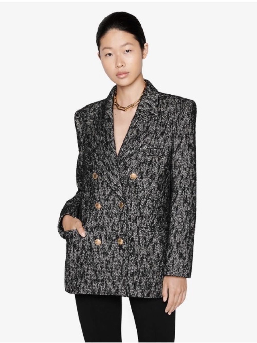 Anine Bing Black & Gray Tweed Double-Breasted Blazer XS